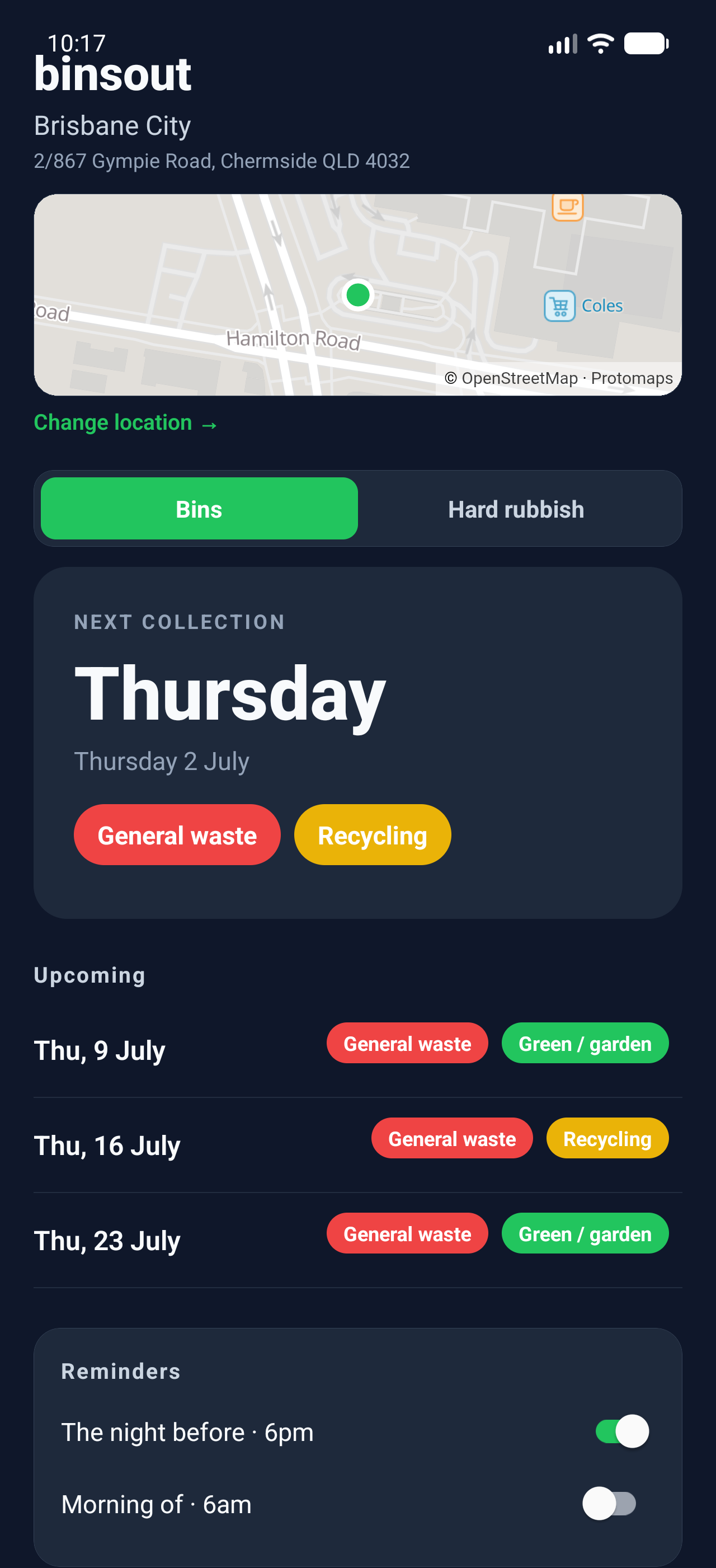 binsout app showing the next bin collection and reminders for a Brisbane address